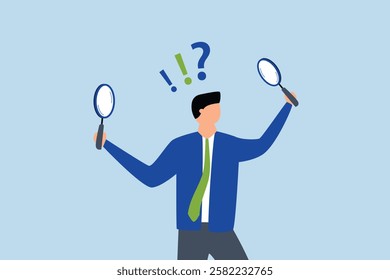 Observation, Inquisitive entrepreneur with a magnifying glass examines information featuring a question mark
