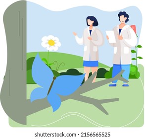 Observation of insects in wild. Ecologists scientists conduct research, take care of butterfly in nature. Researcher study flora, fauna and environment. Professional ecological activist makes notes