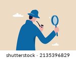 Observation or inspection to find out and discovery useful information, detective or investigate and analyze data concept, smart detective looking through magnifying glass to search for evidence.