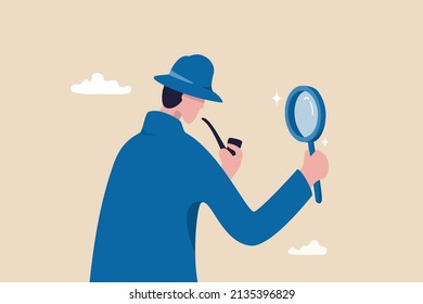 Observation or inspection to find out and discovery useful information, detective or investigate and analyze data concept, smart detective looking through magnifying glass to search for evidence.