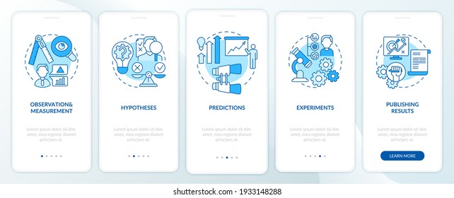 Observation and measurement onboarding mobile app page screen with concepts. Hypothesis and theory walkthrough 5 steps graphic instructions. UI vector template with RGB color illustrations