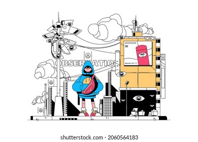 Observation of people vector illustration. Boy standing on platform wearing hoodie flat style. Video footage everywhere. Security cameras and total control concept. Isolated on white background