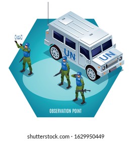 Observation Point Peacekeepers Blue Helmets United Nations illustration isometric icons on isolated background
