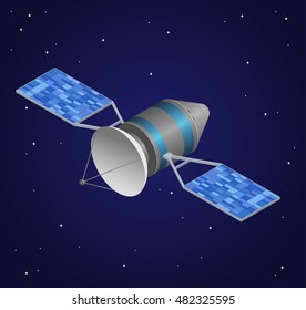 Observation Satellite on Night Sky Background. Wireless Technology. Isometric Satellite View. Vector illustration. 