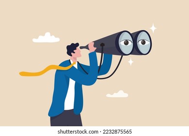 Observation, search for opportunity, curiosity or surveillance, inspect or discover new business, job search or hr finding candidate concept, curious businessman look through binoculars with big eyes. svg