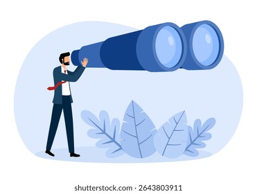 Observation, search for opportunity, curiosity or surveillance, inspect or discover new business, job search or hr finding candidate concept, curious businessman look through binoculars with big eyes.