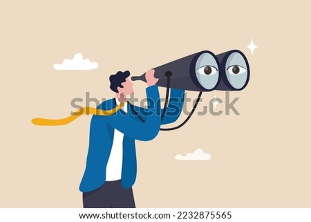 Observation, search for opportunity, curiosity or surveillance, inspect or discover new business, job search or hr finding candidate concept, curious businessman look through binoculars with big eyes.
