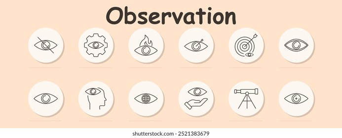 Observation set icon. Eye closed, vision technology, passion, target vision, focus, observation, foresight, global vision, help, telescope, zoom, inspection.