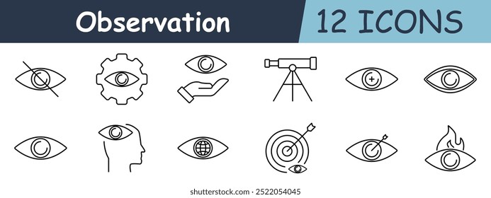 Icono de conjunto de observación. Ojo, engranaje, mano, telescopio, globo, objetivo, fuego, cabeza, tecnología, visión, enfoque, investigación, exploración.