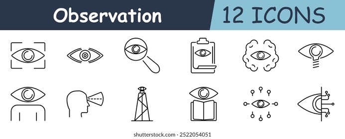 Icono de conjunto de observación. Ojo, lupa, Portapapeles, cerebro, bombilla, cabeza, torre, libro, red, tecnología, enfoque, investigación, visión.