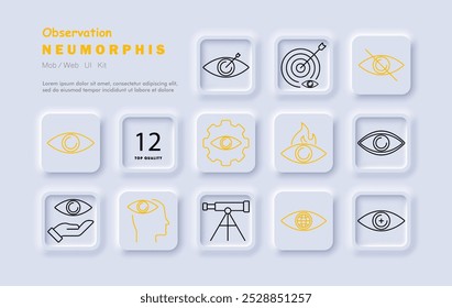 Icono de conjunto de observación. Ojo, objetivo, foco, vigilancia, vigilancia de incendios, búsqueda, visión, seguimiento, telescopio, conciencia, análisis, globo.