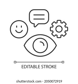 Observation skills linear icon. Ability to analyze and predict problems. Attention to details. Thin line customizable illustration. Contour symbol. Vector isolated outline drawing. Editable stroke