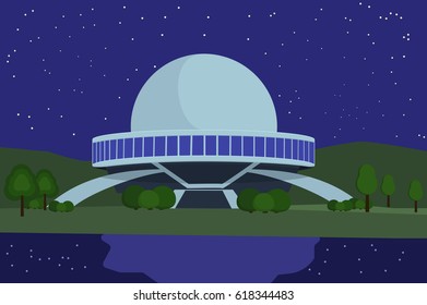 Observation of stars and planets from planetarium. Vector flat illustration.