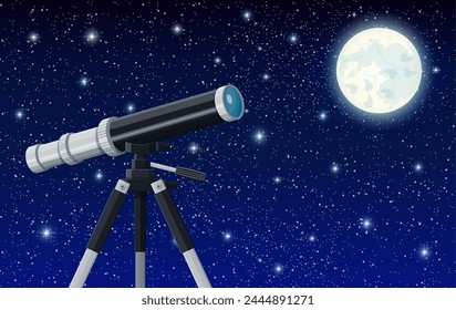 Observation through spyglass. Nature landscape with telescope, moon and stars. Astronomy, research, observe and education. Vector illustration in flat style