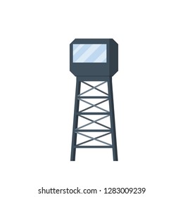 An observation tower with a glass room. Element of supervision and control in prison, airport, military base. High building. Cartoon flat illustration