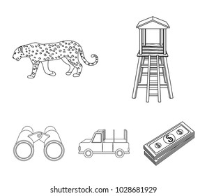 Observation tower for the hunter, leopard, hunting machine, binoculars. African safari set collection icons in outline style vector symbol stock illustration web.
