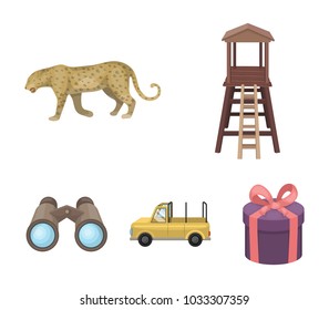 Observation tower for the hunter, leopard, hunting machine, binoculars. African safari set collection icons in cartoon style vector symbol stock illustration web.