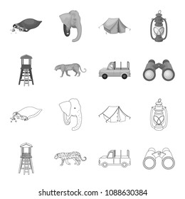 Observation tower for the hunter, leopard, hunting machine, binoculars. African safari set collection icons in outline,monochrome style vector symbol stock illustration web.