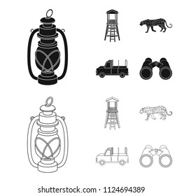 Observation tower for the hunter, leopard, hunting machine, binoculars. African safari set collection icons in black,outline style vector symbol stock illustration web.