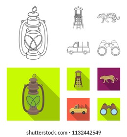 Observation tower for the hunter, leopard, hunting machine, binoculars. African safari set collection icons in outline,flat style vector symbol stock illustration web.