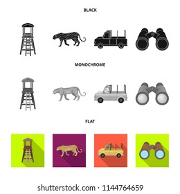 Observation tower for the hunter, leopard, hunting machine, binoculars. African safari set collection icons in black, flat, monochrome style vector symbol stock illustration web.