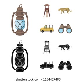 Observation tower for the hunter, leopard, hunting machine, binoculars. African safari set collection icons in cartoon,black style vector symbol stock illustration web.