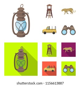 Observation tower for the hunter, leopard, hunting machine, binoculars. African safari set collection icons in cartoon,flat style vector symbol stock illustration web.