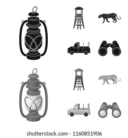 Observation tower for the hunter, leopard, hunting machine, binoculars. African safari set collection icons in black,monochrome style vector symbol stock illustration web.