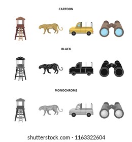Observation tower for the hunter, leopard, hunting machine, binoculars. African safari set collection icons in cartoon,black,monochrome style vector symbol stock illustration web.