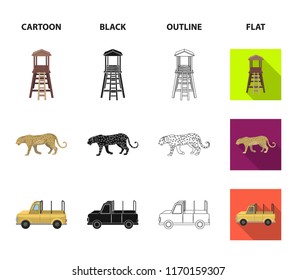 Observation tower for the hunter, leopard, hunting machine, binoculars. African safari set collection icons in cartoon,black,outline,flat style vector symbol stock illustration web.