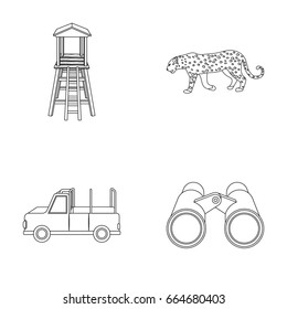 Observation tower for the hunter, leopard, hunting machine, binoculars. African safari set collection icons in outline style vector symbol stock illustration web.