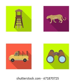 Observation tower for the hunter, leopard, hunting machine, binoculars. African safari set collection icons in flat style vector symbol stock illustration web.