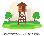 observation tower on a green meadow to protect the territory. flat vector illustration.