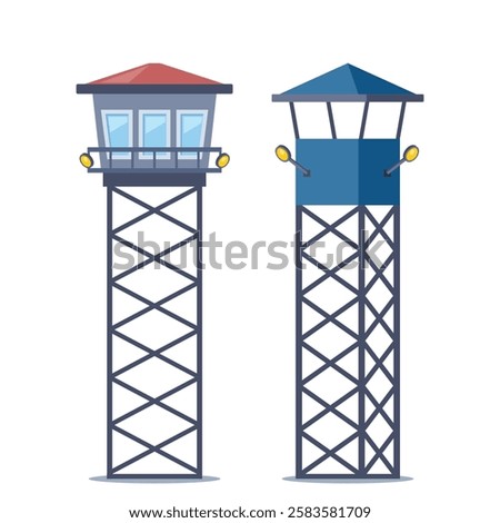 Observation tower in prison, army and for safari hunting. Prison tower, checkpoint, protection territory, watchtower, state border, military base. Military camp post.