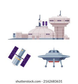Observatory building, artificial space satellite and ufo spaceship. Space industry exploration vector illustration