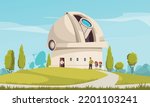 Observatory building background with planetarium symbols flat vector ilustration