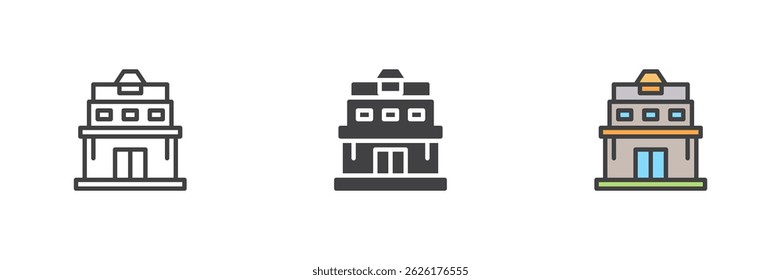 Observatorium Gebäude verschiedenen Stil Ikone Set. Linie, Glyphe und gefüllte Kontur bunte Version, Kontur und gefüllte Vektorzeichen. Symbol, Logo-Abbildung. Vektorgrafiken