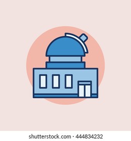 Observatory building flat icon - vector blue astronomical observatory with telescope symbol