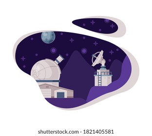 Observatory Building in Mountains, Exploration und Beobachtung Galaxy-Technologien, Raumfahrtindustrie-Konzept Thread Vektorgrafik Hintergrund