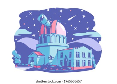 Observatory building with telescope vector illustration. Stars, planets, comet, asteroid on night sky flat style. Science and astronomy concept. Isolated on white background