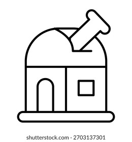 Observatorium Gebäude dünne Linie Symbol, Raum Exploration Konzept. Vektorgrafiken. Gebäude mit großem Teleskopschild auf weißem Hintergrund, Umrissstil-Symbol für Mobil- oder Webdesign