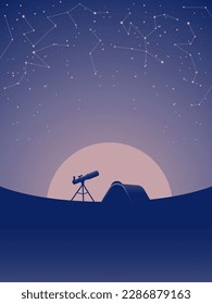 Observatory camping with telescope and tent on the background of moon and starry sky. Astronomical observations