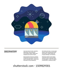 Observatory. Colorful cosmic illustration in vector. Design layout concept. Banner template with text. Discovery of planets and space research.