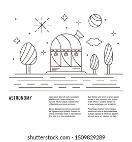 Observatory design template with text. Cosmic linear vector illustration. Banner, flyer or website element.