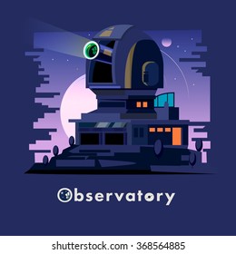 Observatory dome and station and a clear night sky. Astronomical Observatory - vector illustration