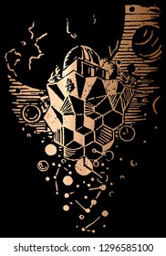 Observatory engraving gold texture vector illustration. Handmade print textured. Fantasy philosophy concept. Morphing golden geometry. Wathing constellation. Galaxy viewer.