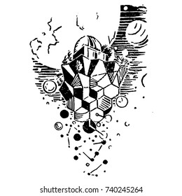 Observatory engraving vector illustration. Hand made print. Fantasy philosophy concept. Morphing geometry. Watching constellation. Galaxy viewer.