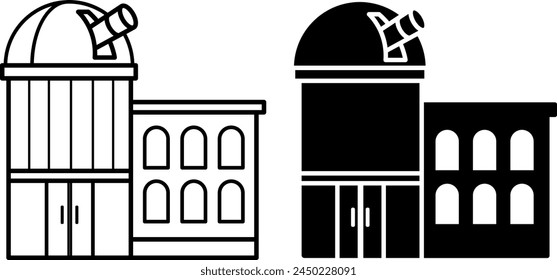 Iconos del observatorio. Iconos vectoriales en blanco y negro del edificio del Observatorio con telescopio. Espacio y Ciencia. Institución gubernamental
