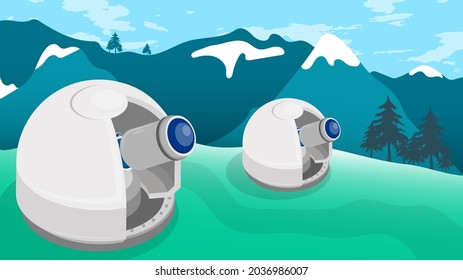 Observatory on top of mountain. Station for observing space, stars and planets of solar system. Space exploration. Illustration vector