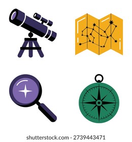 Observatory open night toolkit, telescope, star chart map, navigation compass, magnifier, guided session signage, space education event branding vector